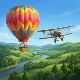 Ballon und Oldtimer-Flugzeug über dem Tal