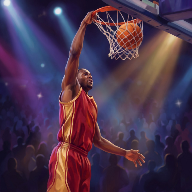 Basketballspieler beim Dunk im Flutlicht
