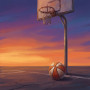 Basketballkorb und Ball im Abendrot
