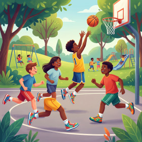 Kinder beim Basketball im Park