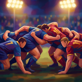 Rugbyspelers in de scrum onder stadionlicht