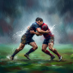 Twee spelers in een tackle met waternevel