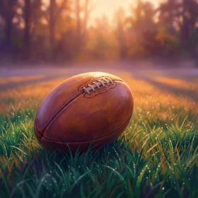 Rugbybal op dauwgroen veld bij zonsopgang