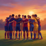 Rugby-Mannschaftskreis im goldenen Abendlicht