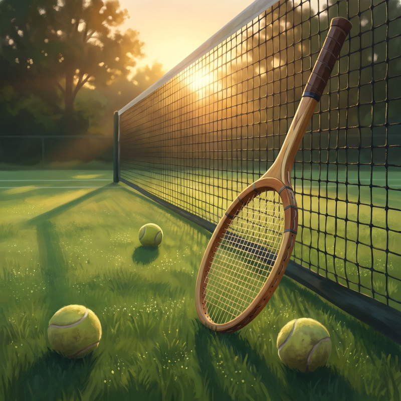 Tennisschläger und Bälle im Morgengrauen