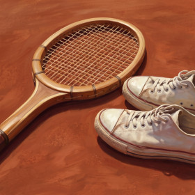 Tennisracket en witte sportschoenen op gravel