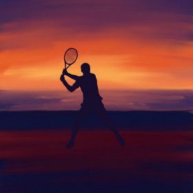 Silhouette eines Tennisspielers am Meer