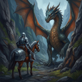 Chevalier et dragon au passage montagneux