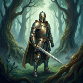 Chevalier à l'épée dans la forêt brumeuse