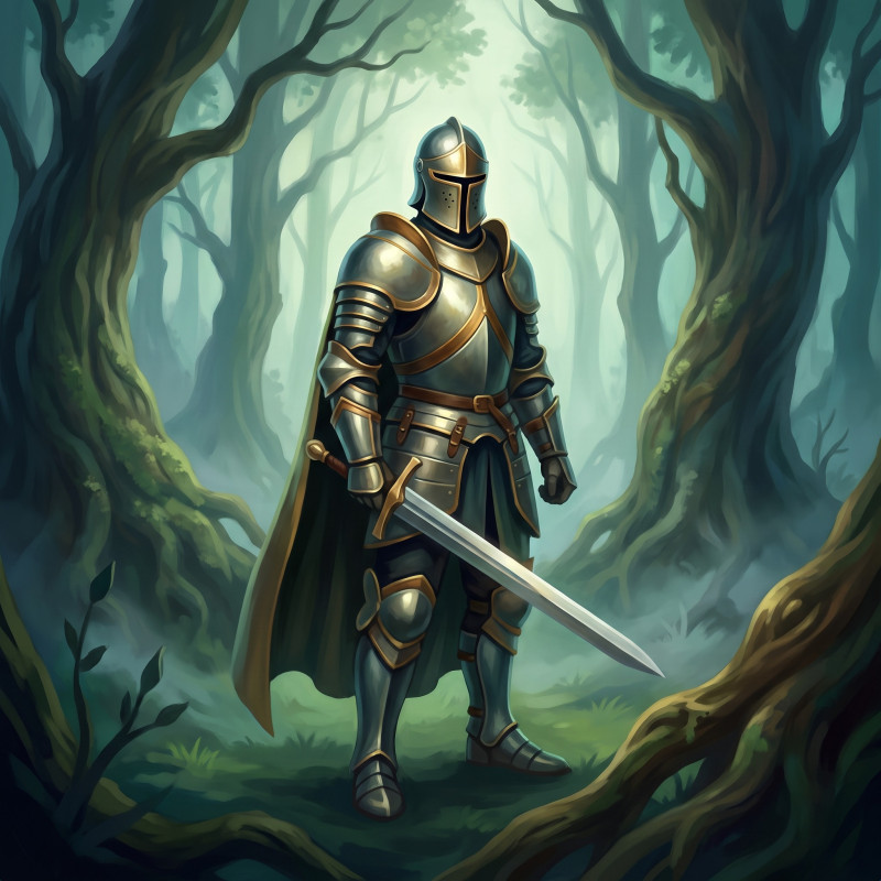 Chevalier à l'épée dans la forêt brumeuse