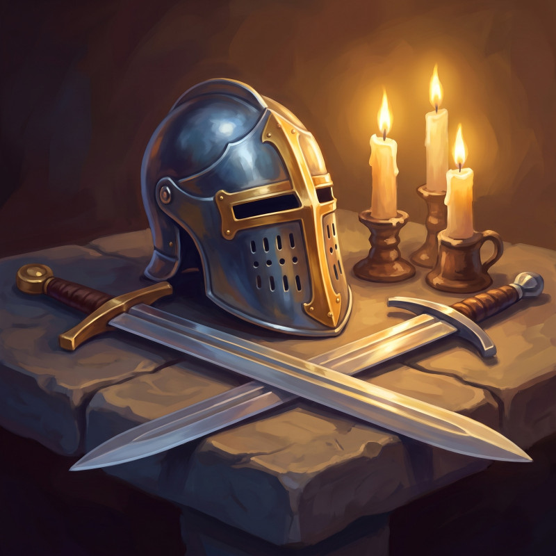 Knight Helmet and Sword on Stone