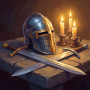 Knight Helmet and Sword on Stone