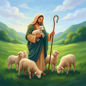 Good Shepherd with Lambs in a Green Valley