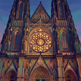 Gotische Kathedrale mit leuchtendem Rosenfenster