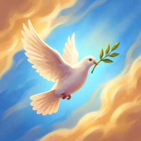 Dove with Olive Branch in Radiant Sky