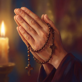 Praying Hands with Rosary in Candlelight