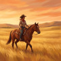 Cowgirl Riding Across Golden Prairie