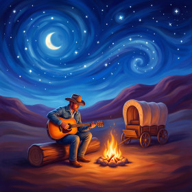 Cowboy-Lagerfeuer mit Gitarre unter Sternen
