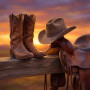 Cowboylaarzen, hoed en zadel bij zonsopgang