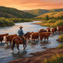 Cow-boy traversant la rivière avec son troupeau