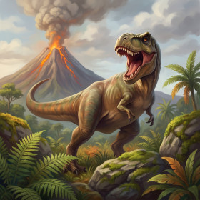 Brüllender T-Rex vor Vulkanausbruch