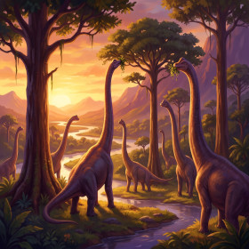 Brachiosauri all'alba tra gli alberi