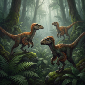 Velociraptor Hunt in Misty Ferns