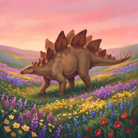Stegosaurus in bloemendal onder roze lucht