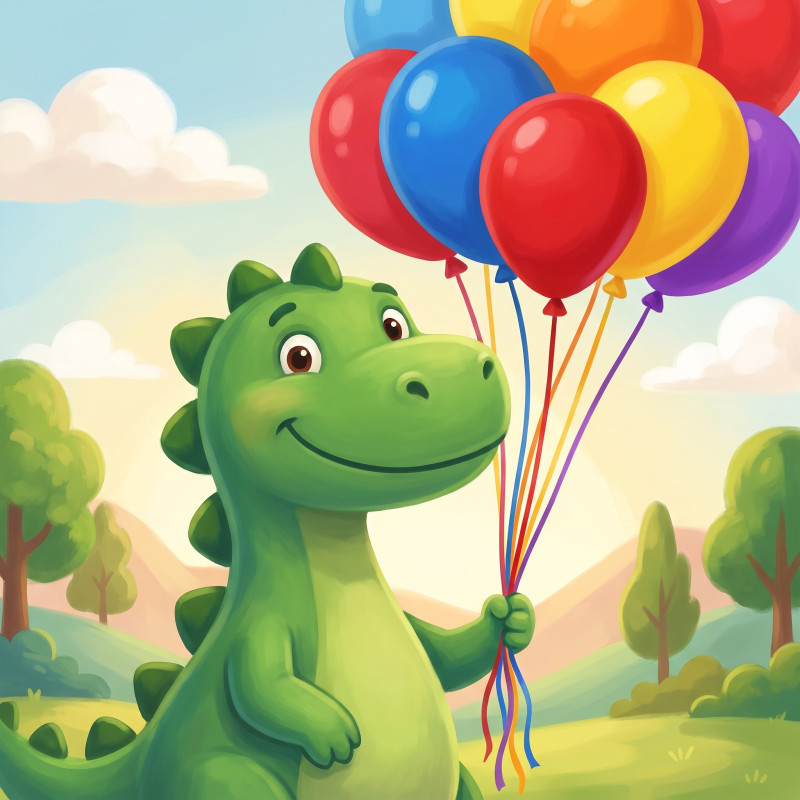 Friendly Green Dinosaur with Balloons