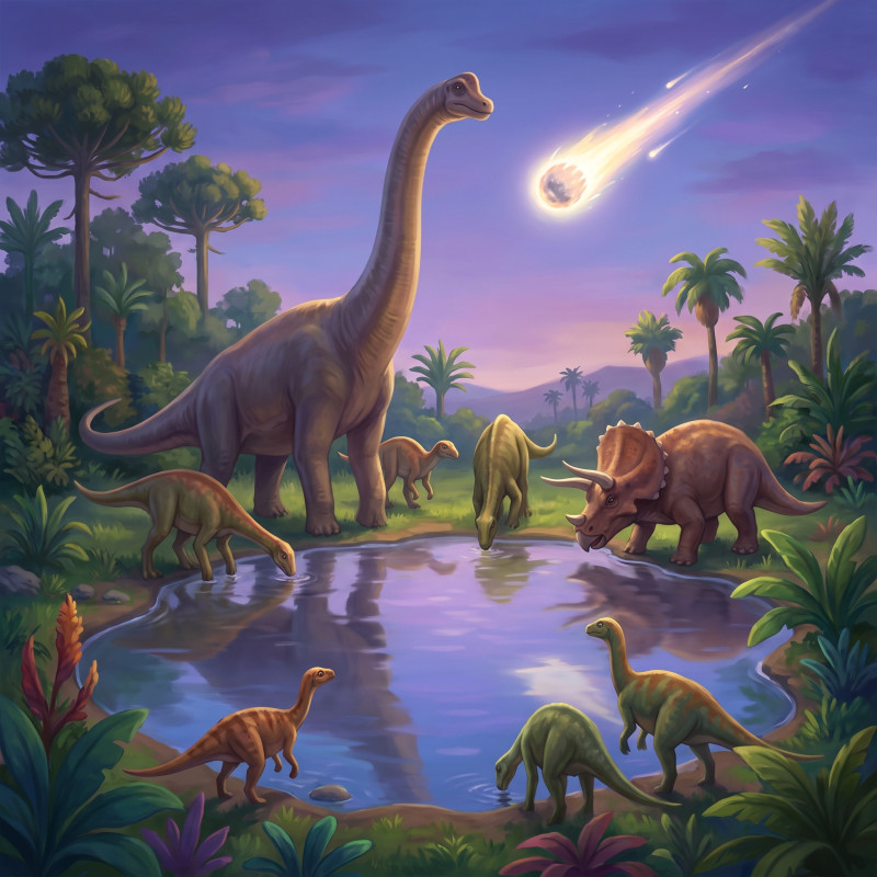 Dinosaurier am Wasserloch mit Meteor