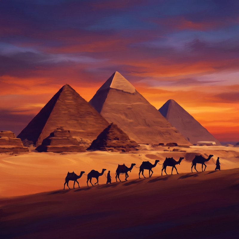 Pyramides de Gizeh au coucher du soleil
