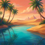 Oasis du désert et pyramides au couchant