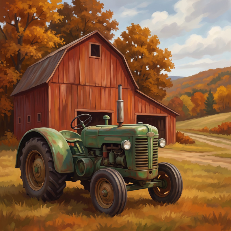 Groene tractor voor rode schuur in herfst