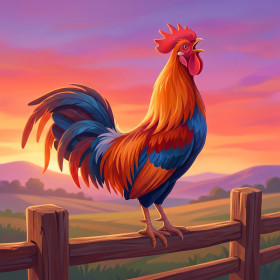 Rooster Crowing on Fence at Dawn
