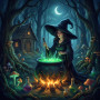 Sorcière au chaudron en forêt