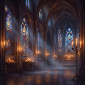 Gotische Kathedrale mit Buntglas und Kerzen