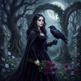 Gothic Girl Raven Roses Moonlit Garden