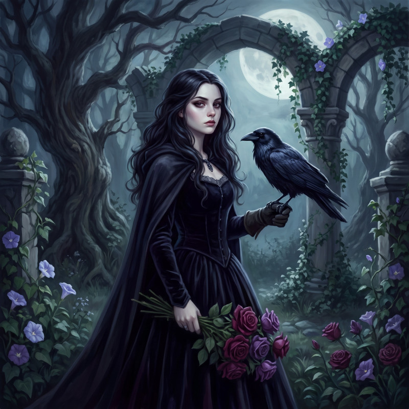 Gothic-Mädchen mit Rabe und Rosen
