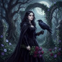 Gothic-Mädchen mit Rabe und Rosen