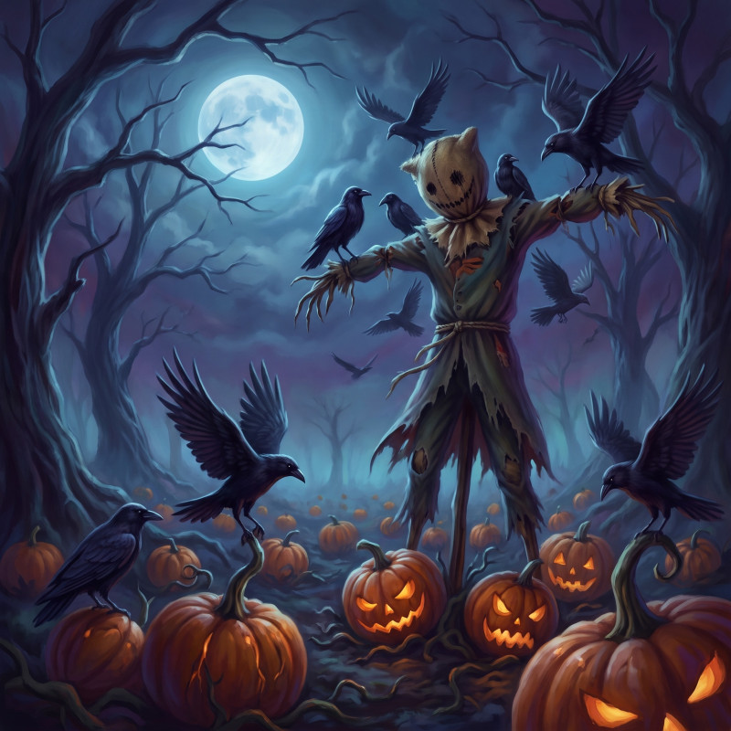 Moonlit Pumpkin Patch with Scarecrow