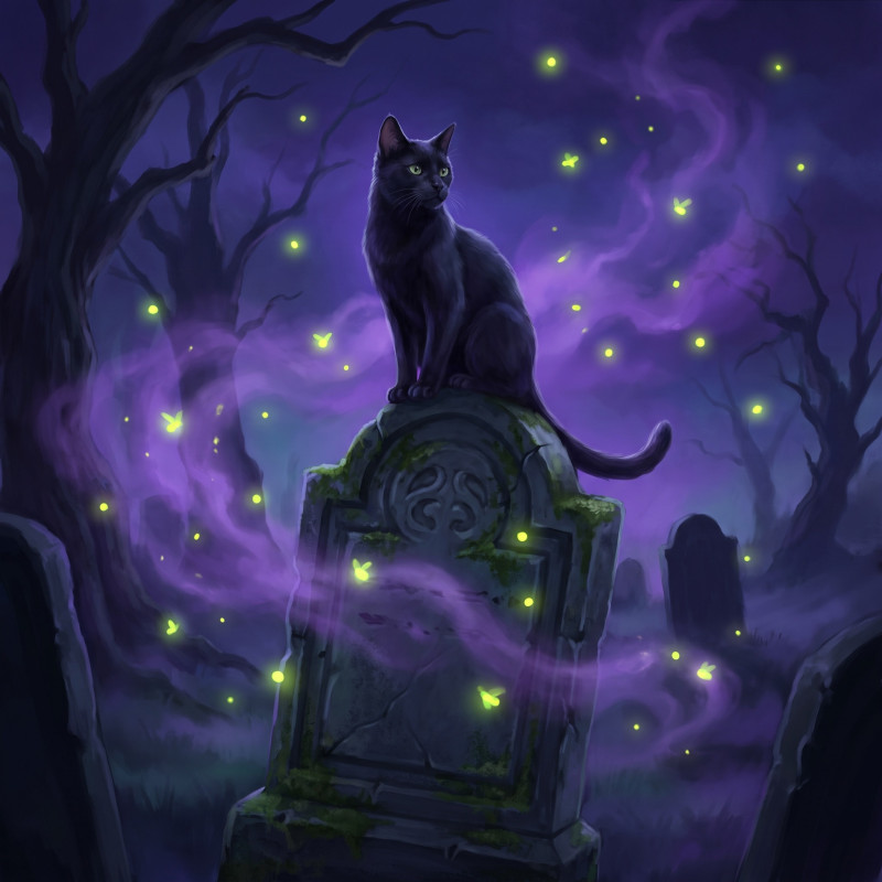 Black Cat on a Gravestone with Fireflies
