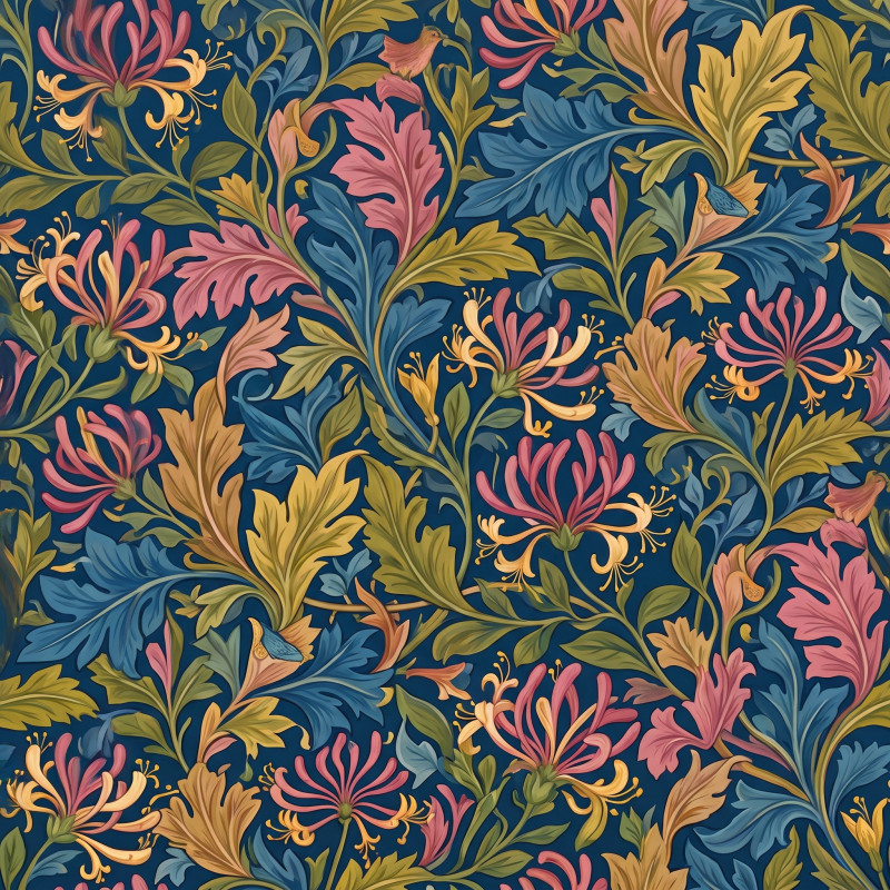 Pink Blue Ochre Honeysuckle Pattern