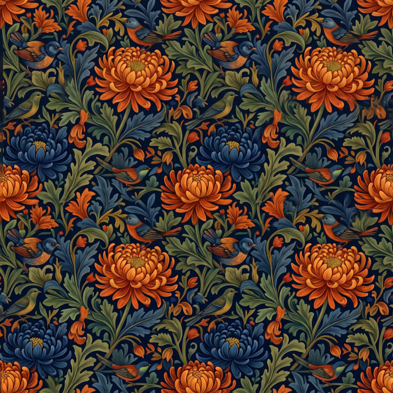 Orange and Navy Chrysanthemum Pattern