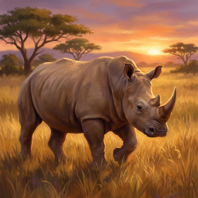 Sunrise Savannah Rhinoceros Walking Through Grass