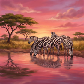 Zebras am Wasserloch im Abendrot
