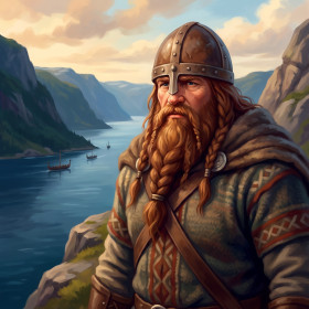 Vikingkrijger met gevlochten baard aan de fjord