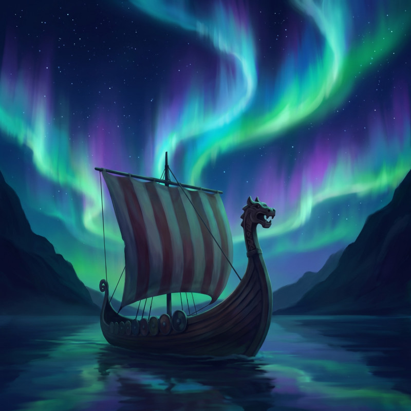 Vikingschip onder kleurrijk noorderlicht