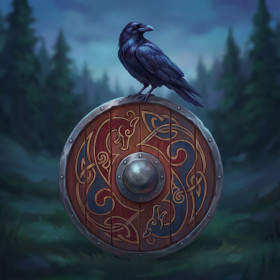 Raaf op een Vikingschild met ornamenten