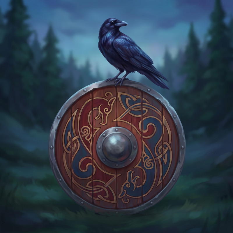 Rabe auf Wikingerschild mit Ornamenten