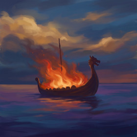 Brennendes Wikingerschiff im Abendrot